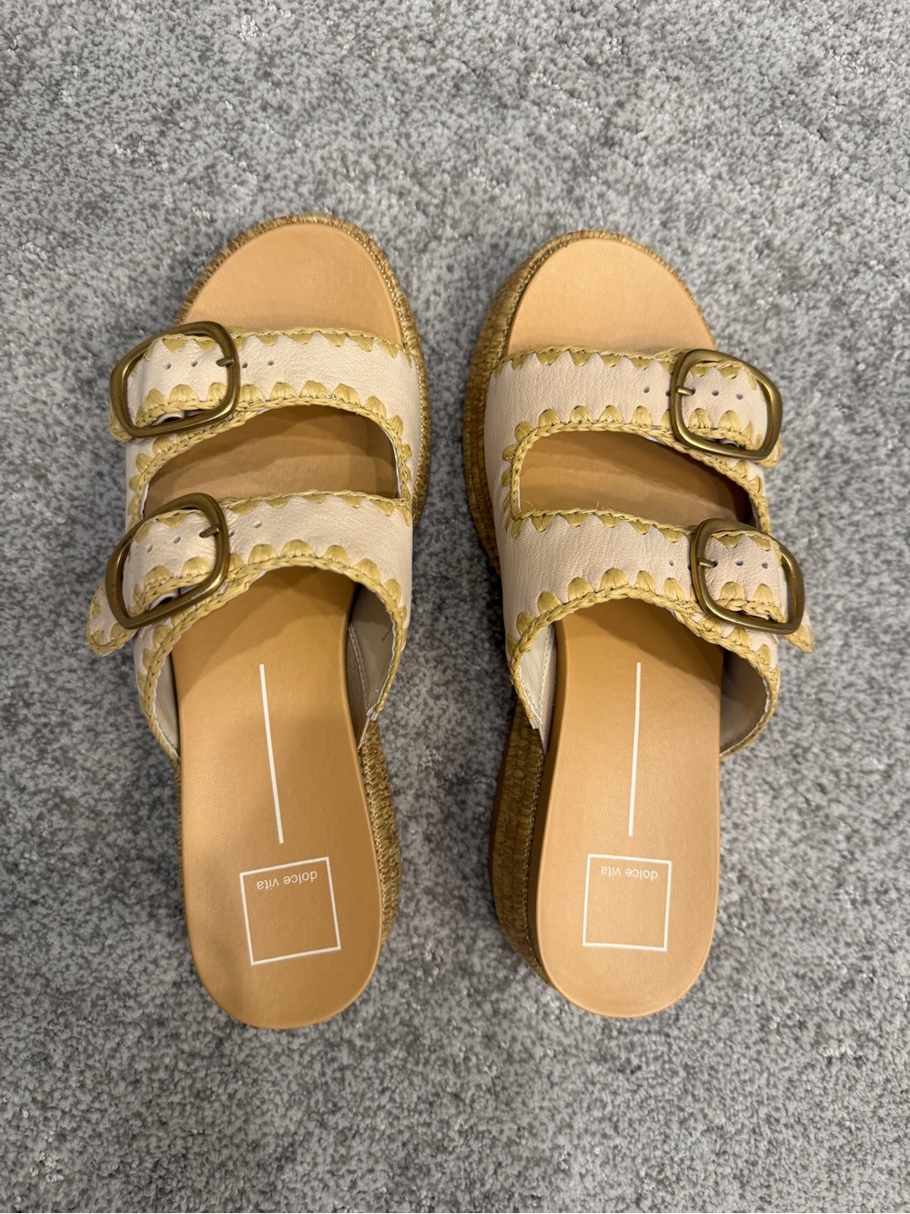 Dolce Vita Cream Slide Wedges with Yellow Trim and Buckles
